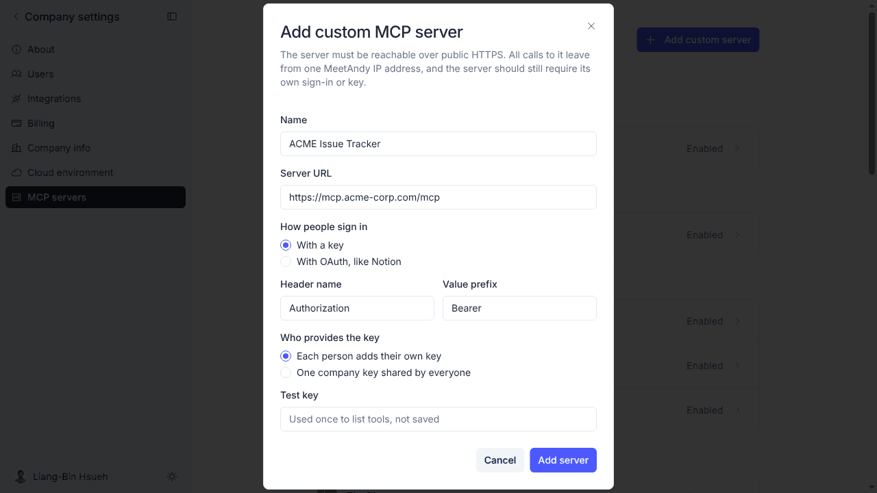 Add custom MCP server 對話框，選擇以 key 登入且每人各自提供 key