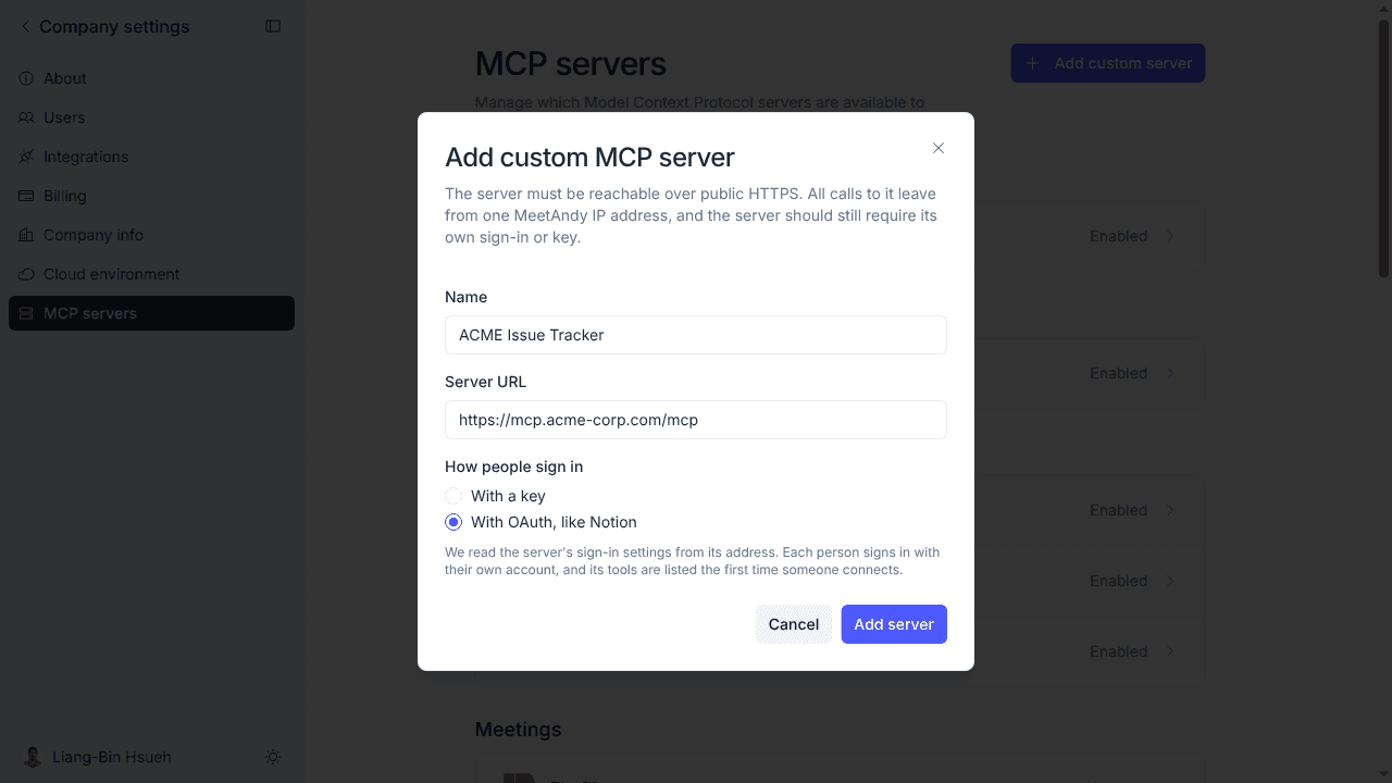 Add custom MCP server 對話框，選擇以 OAuth 登入