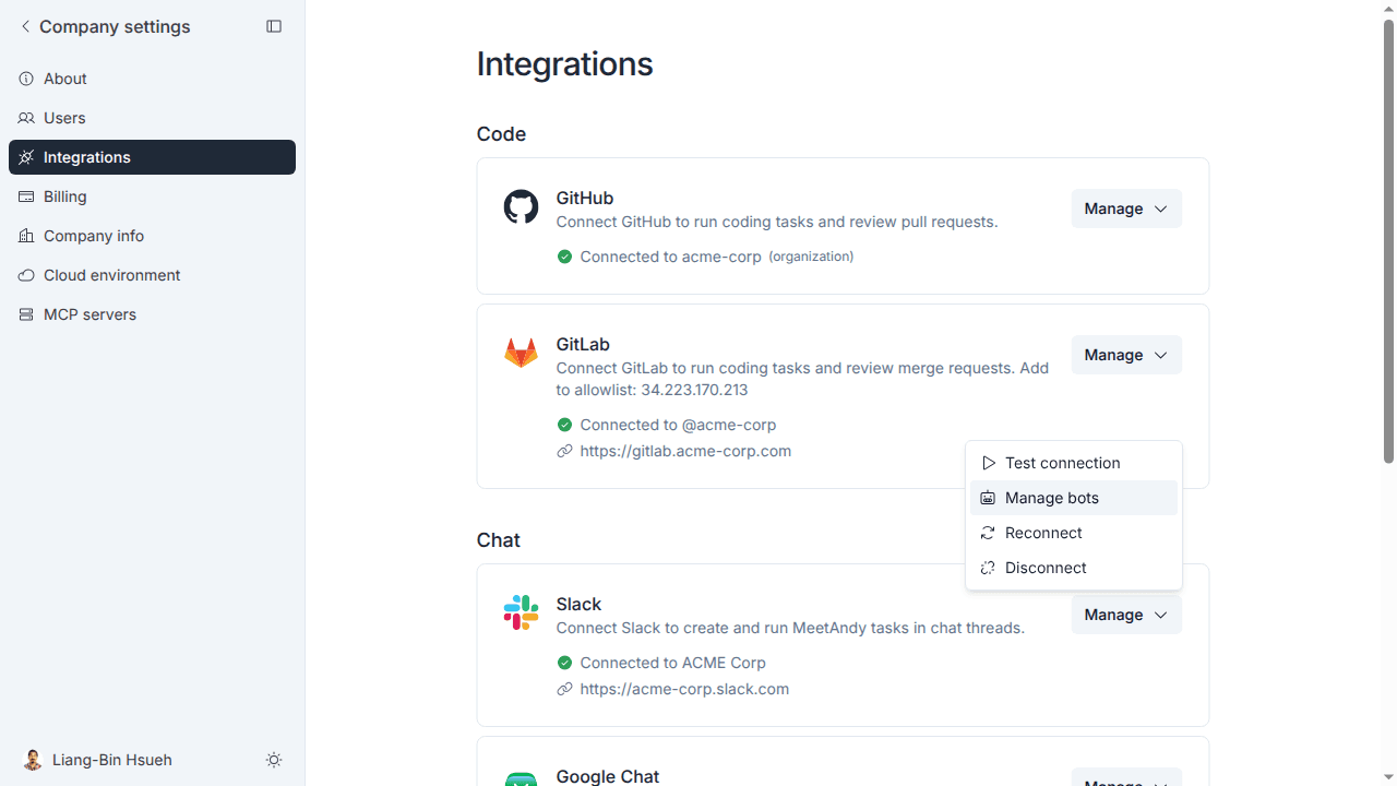 Manage bots in the Slack integration's Manage menu
