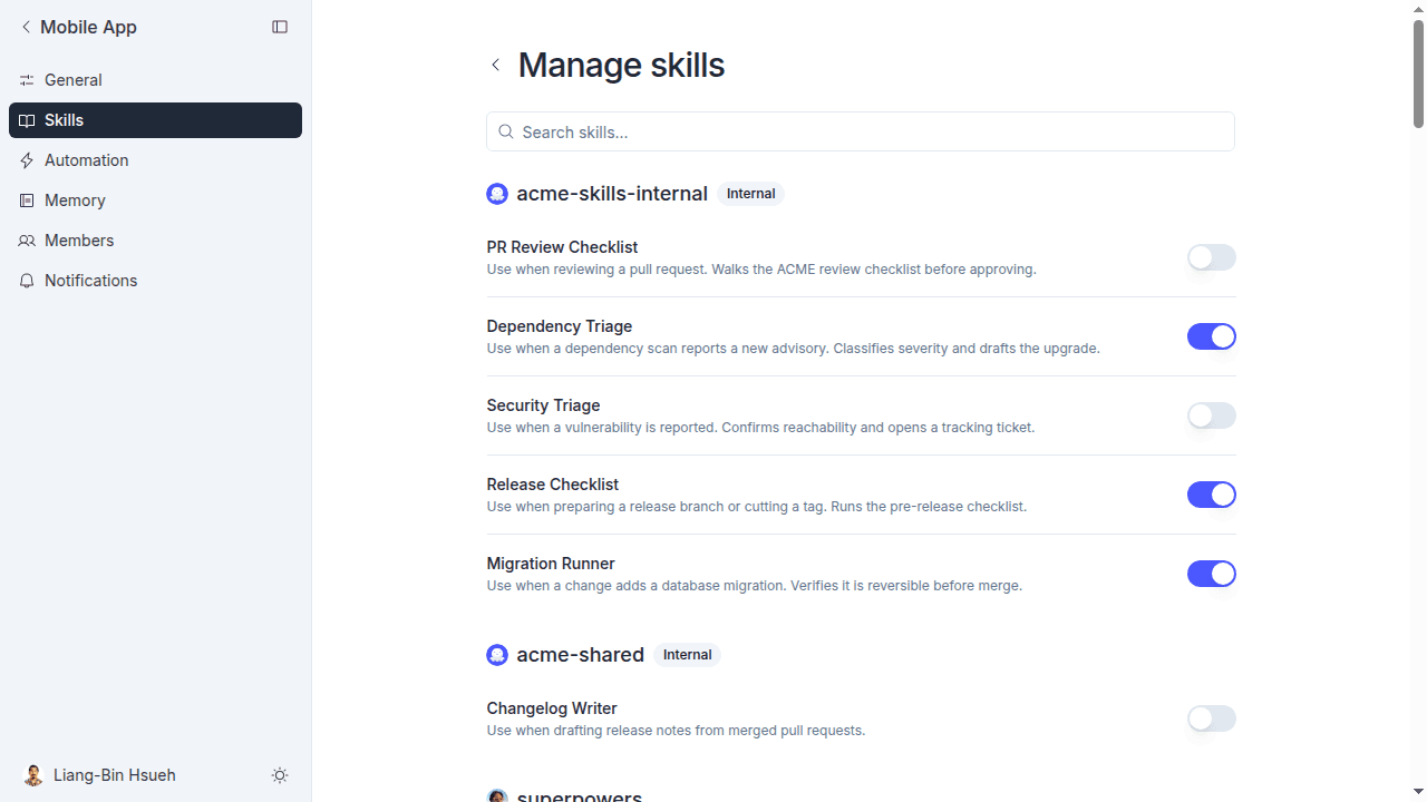 Manage skills view with a switch beside each skill