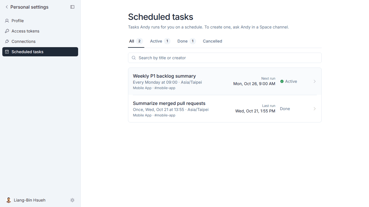 個人設定中的 Scheduled tasks 頁面