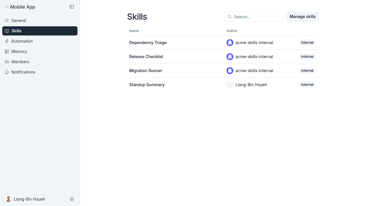 Space settings Skills page listing four enabled skills