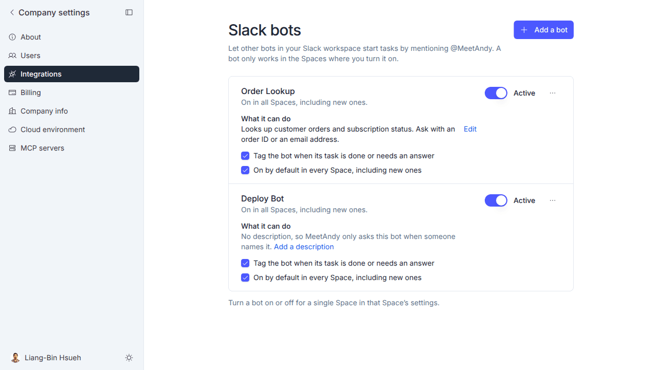 Slack bots page with two allowed bots