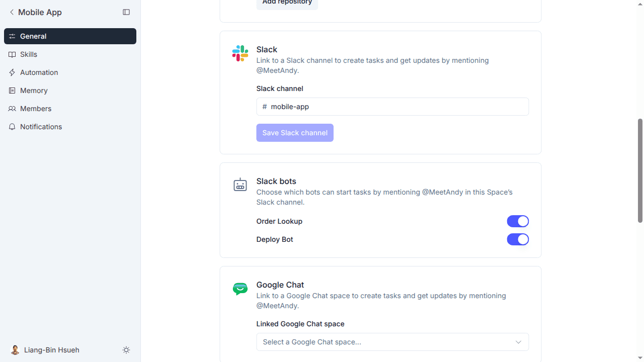 Slack bots card in Space settings