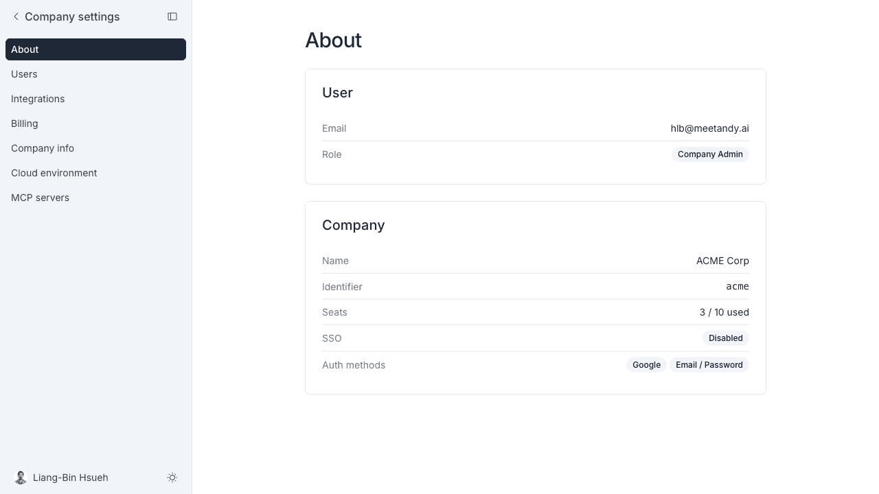 公司設定 About 頁面,顯示 User 與 Company 兩張摘要卡片