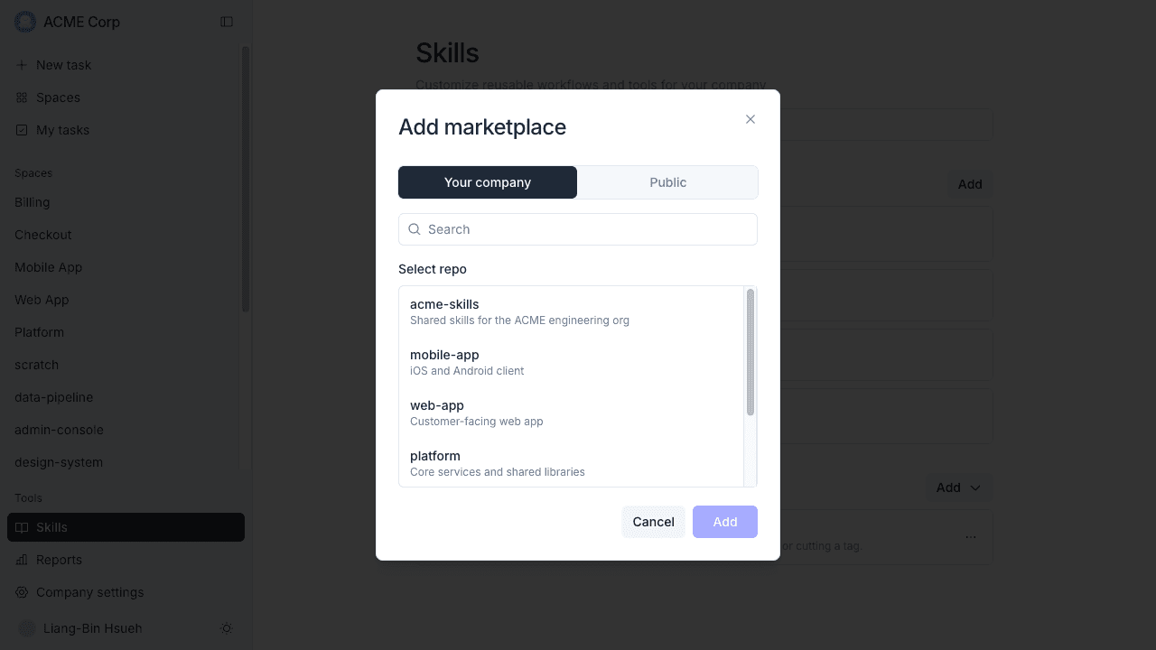 Add marketplace dialog with the Your company and Public options