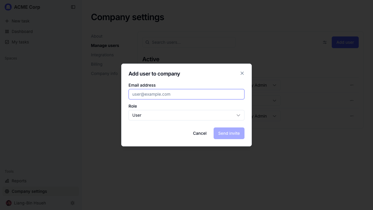 Add user to company dialog