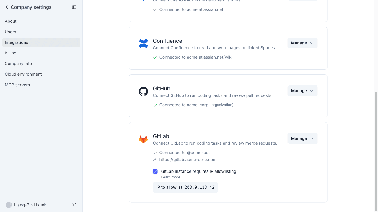 The GitLab card with IP allowlisting turned on, showing the IP to allowlist