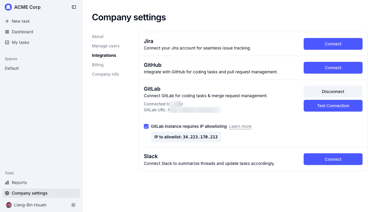 The GitLab card with IP allowlisting turned on, showing the IP to allowlist