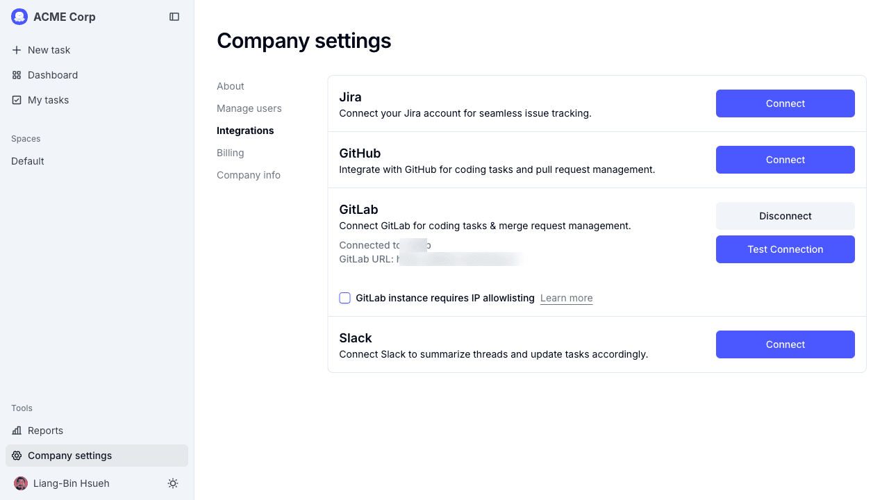 The GitLab card after connecting, with Disconnect and Test Connection buttons
