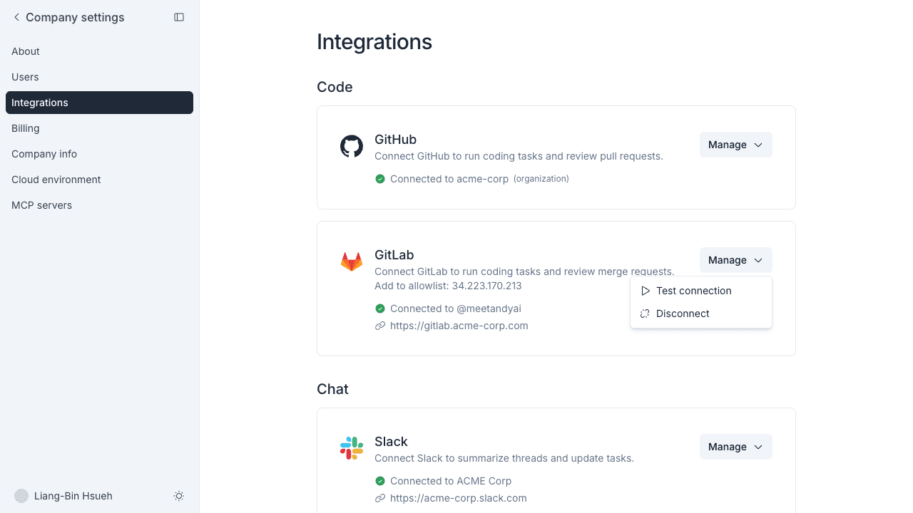 The connected GitLab card with its Manage menu open, showing Test connection and Disconnect