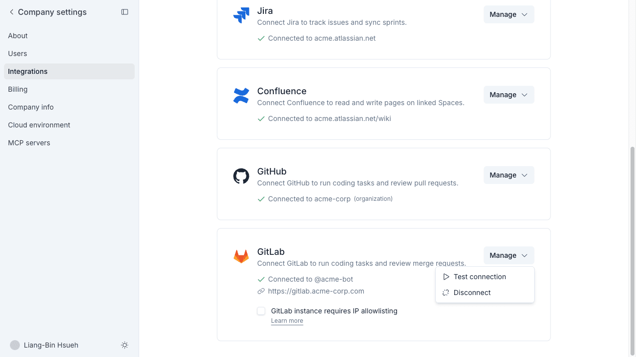 The connected GitLab card with its Manage menu open, showing Test connection and Disconnect