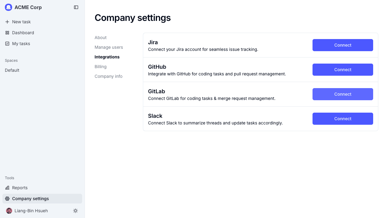 The GitLab card on the Integrations page, before connecting