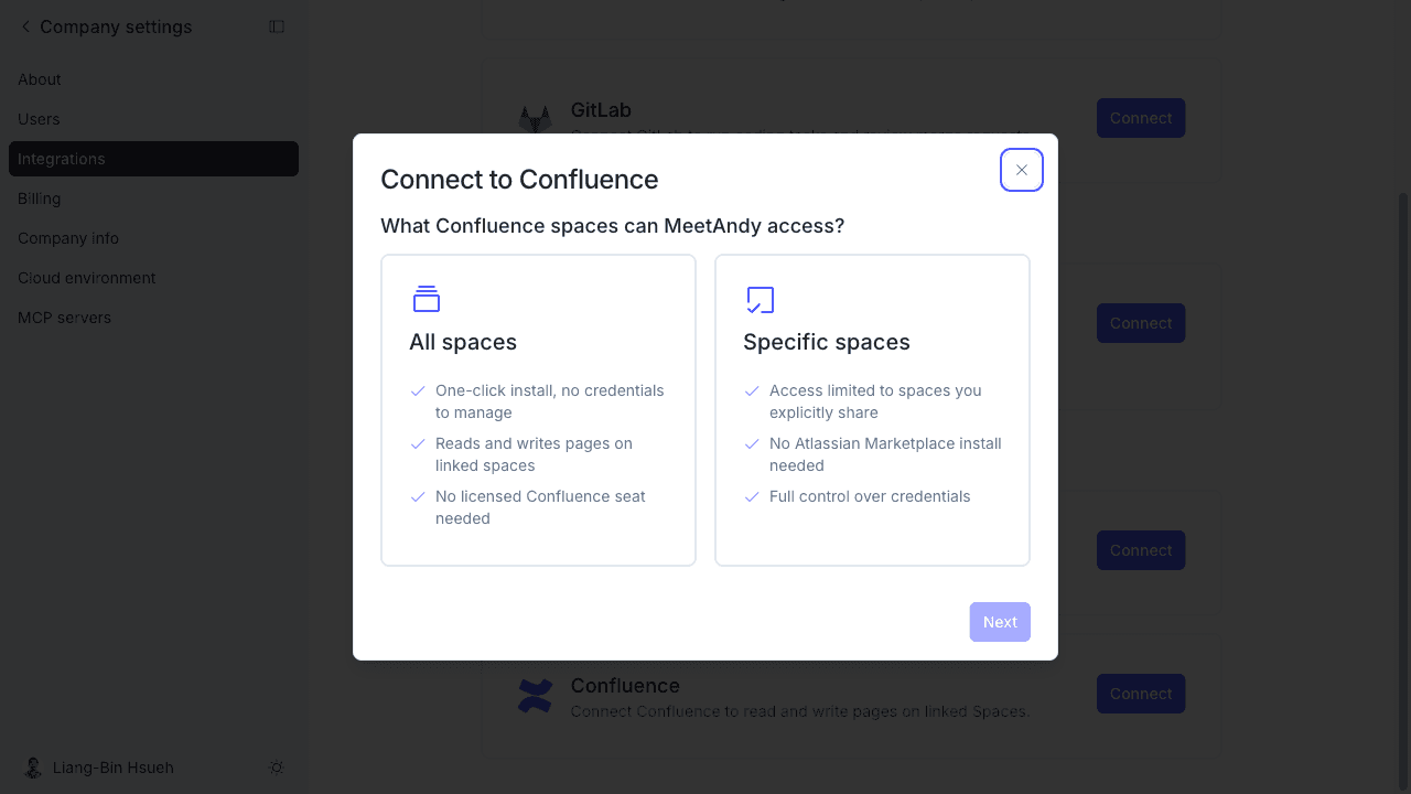 Connect to Confluence dialog offering All spaces or Specific spaces