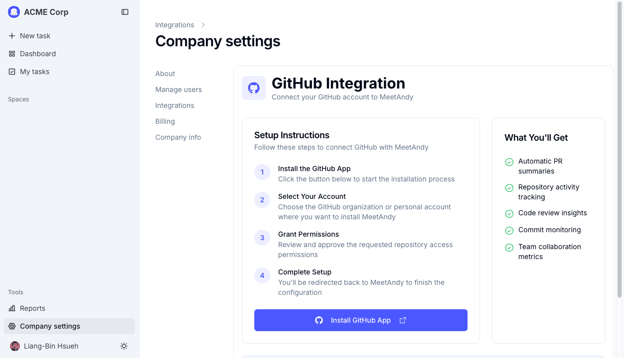 GitHub integration setup page