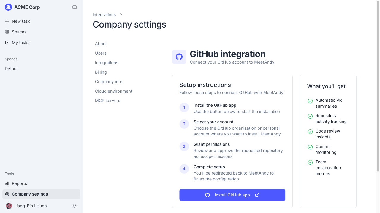 GitHub integration setup page