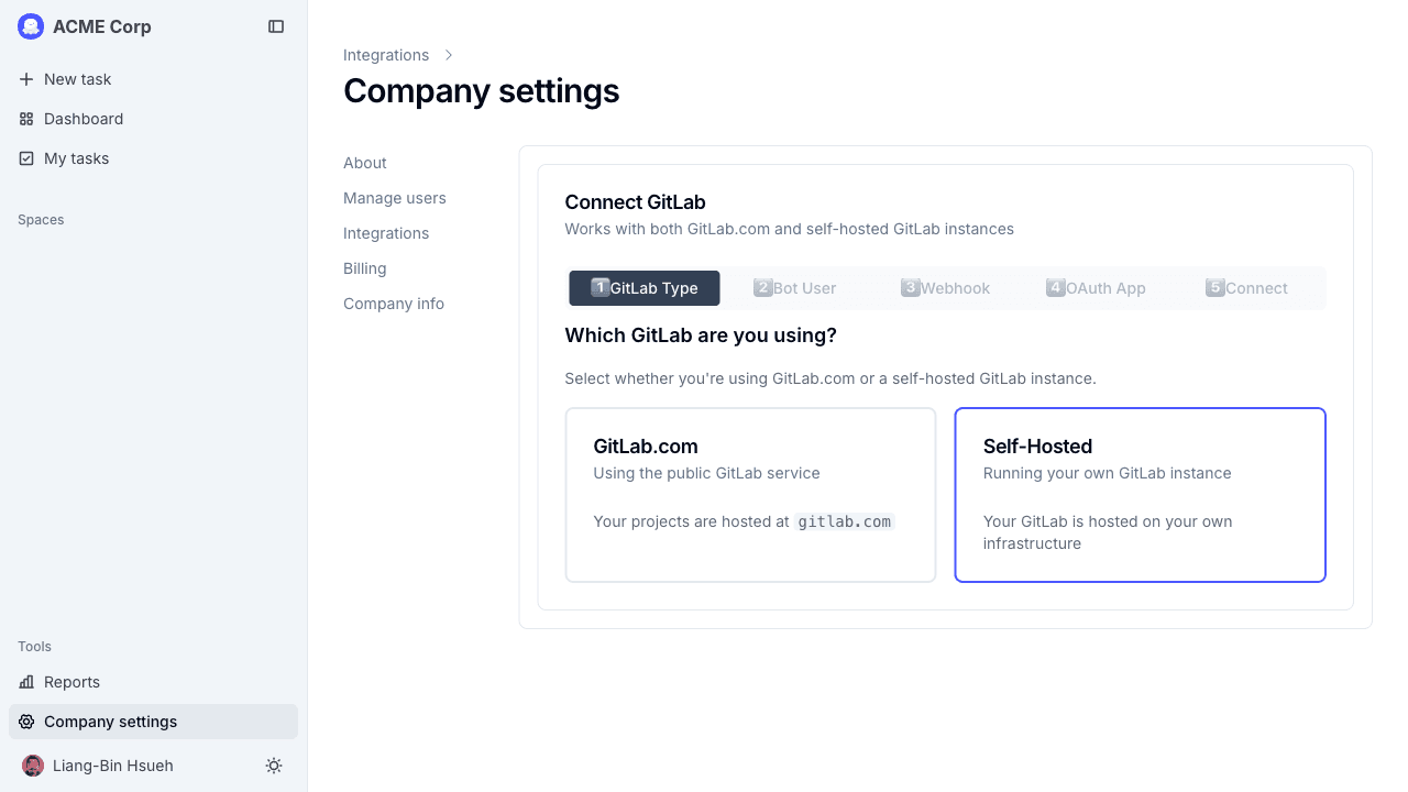 GitLab setup wizard, step 1