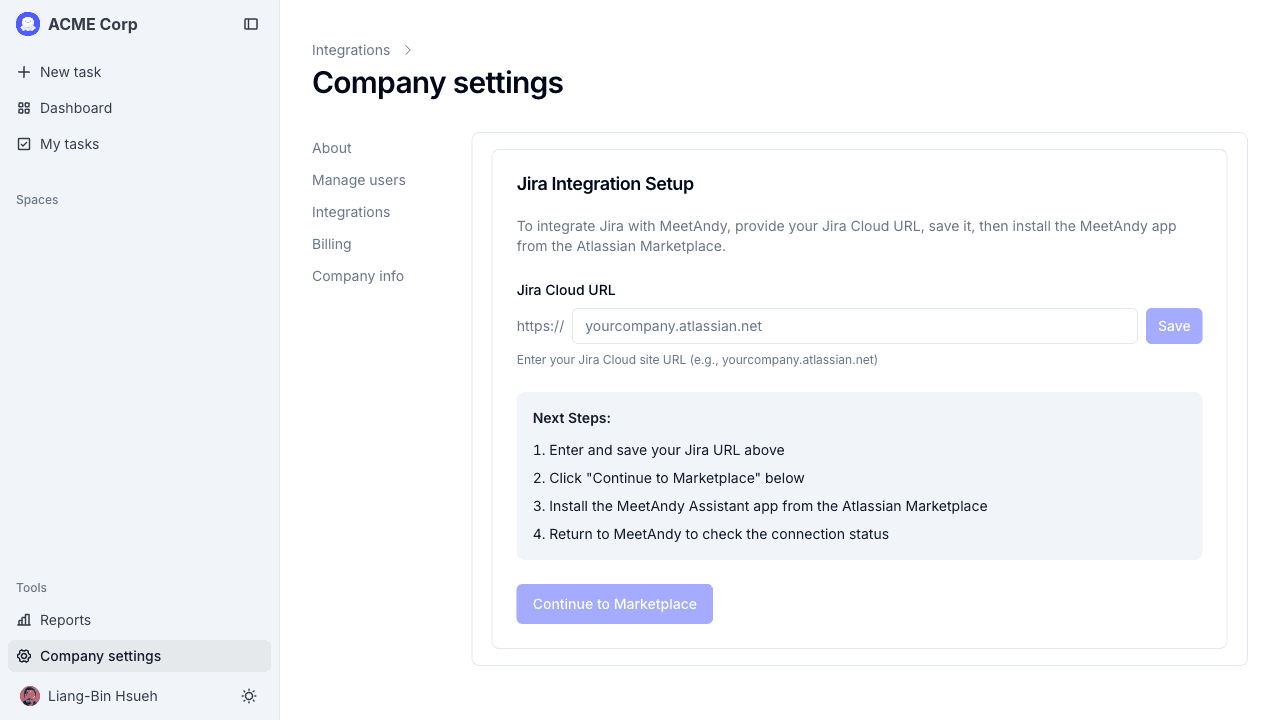 Jira integration setup page