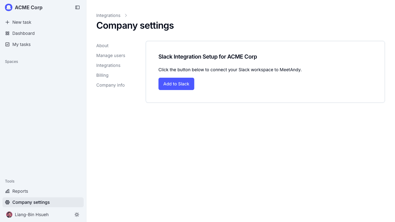 Slack integration setup page