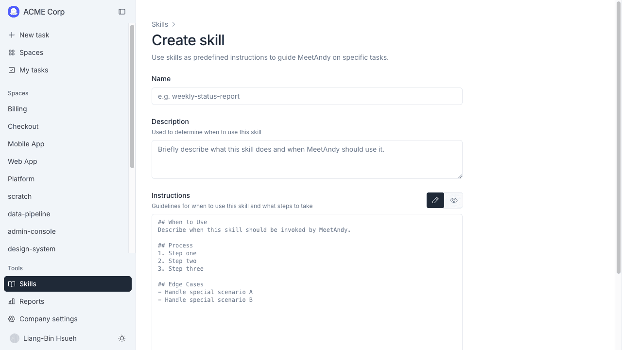 Create skill form with Name, Description, and Instructions fields