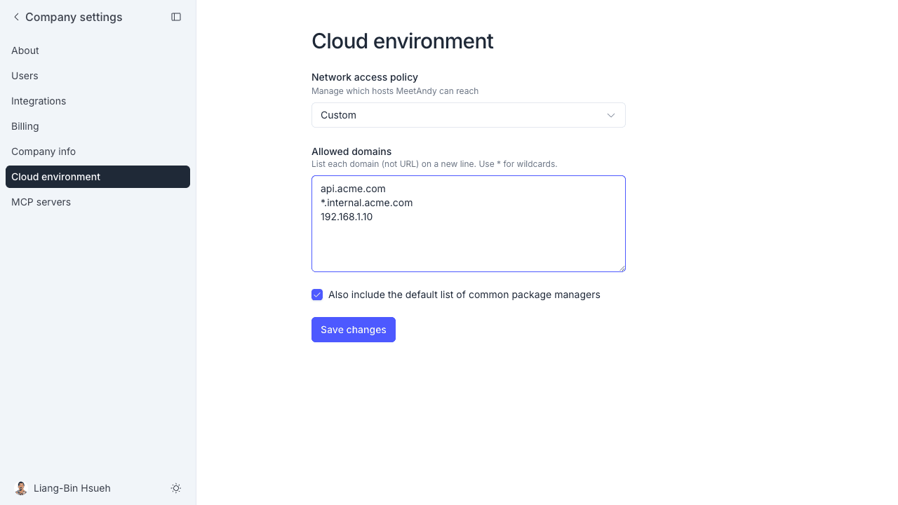 Cloud environment 選擇 Custom,清單中列出三個允許的網域