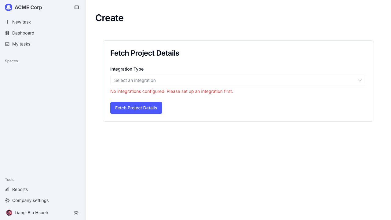 Create Space, step 1 with integration dropdown