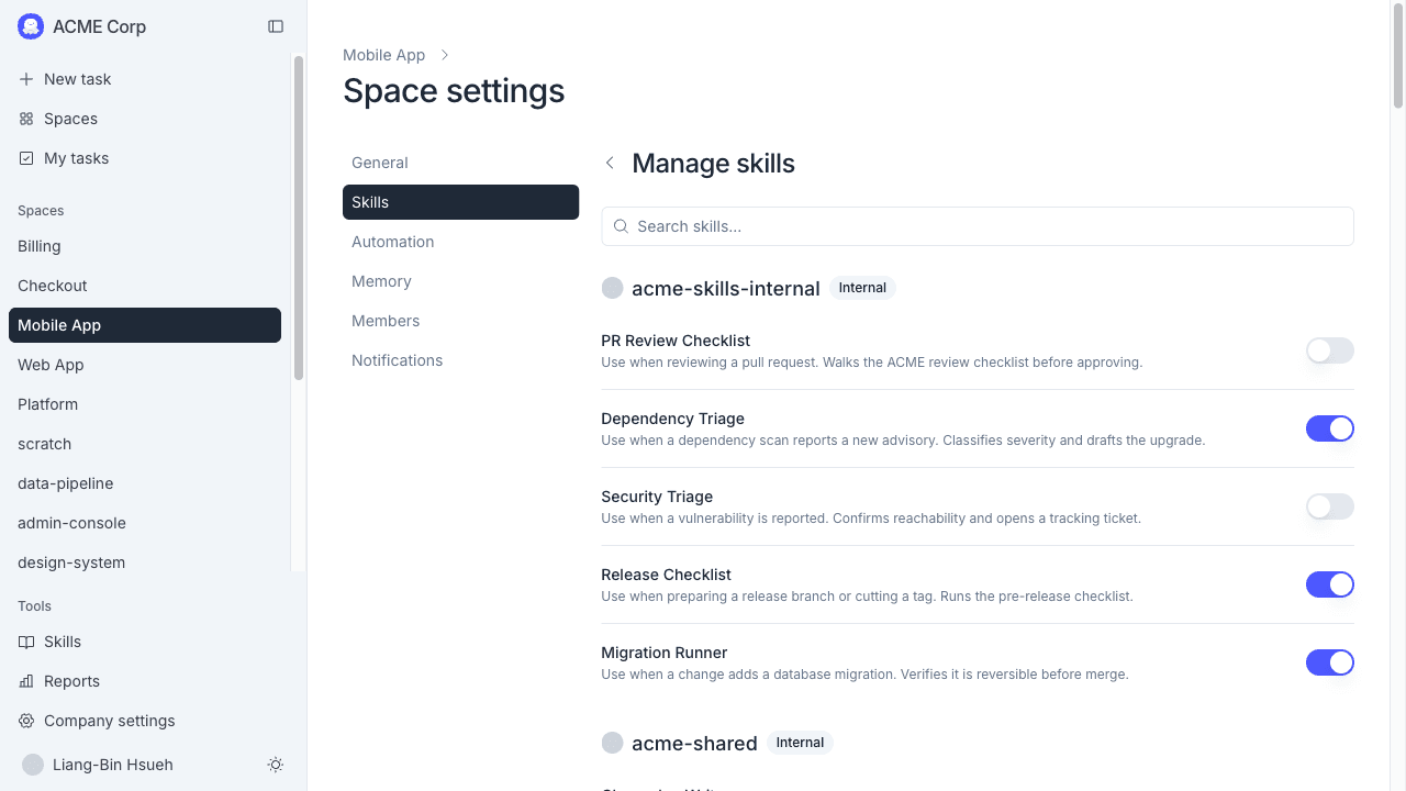 Manage skills view with a switch beside each skill