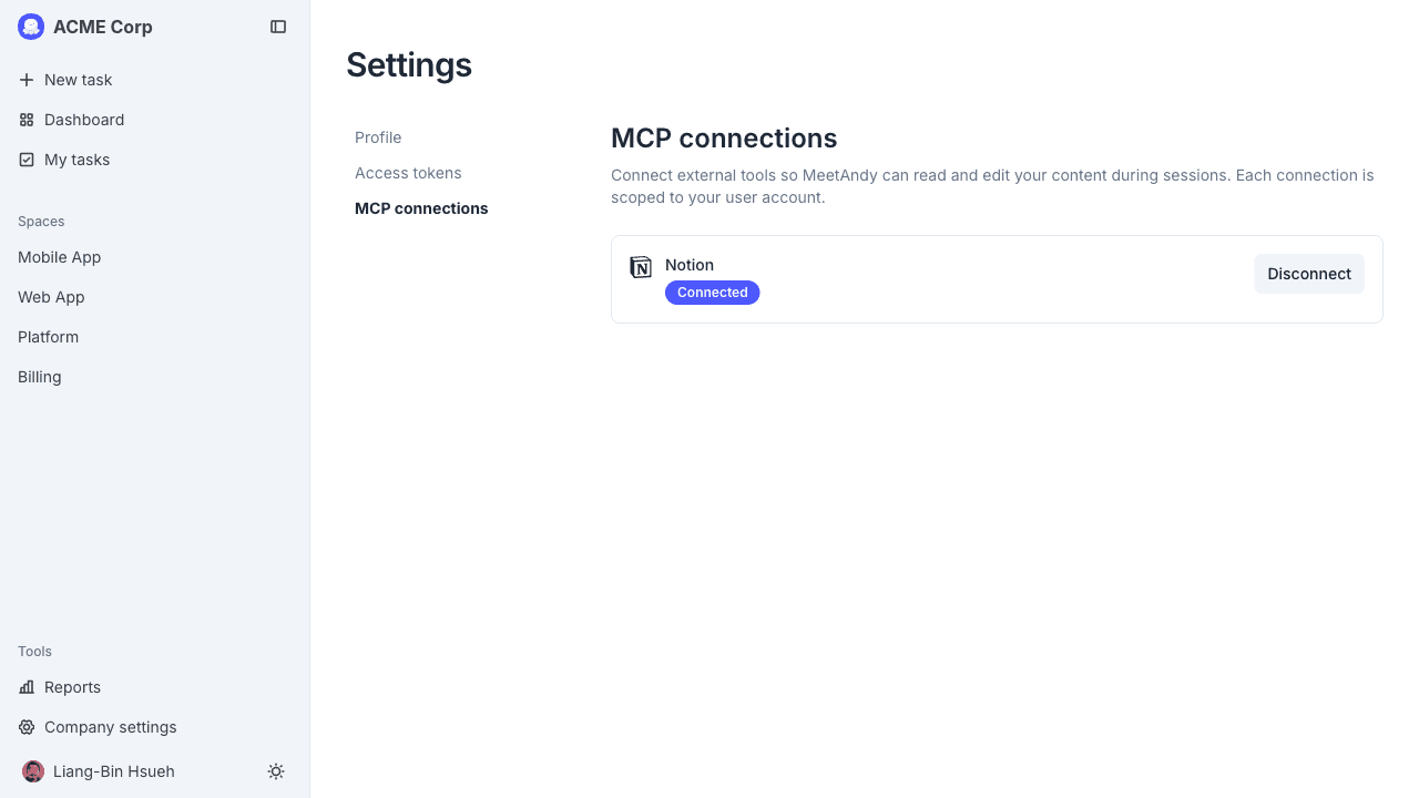 MCP connections page in Settings, with Notion connected