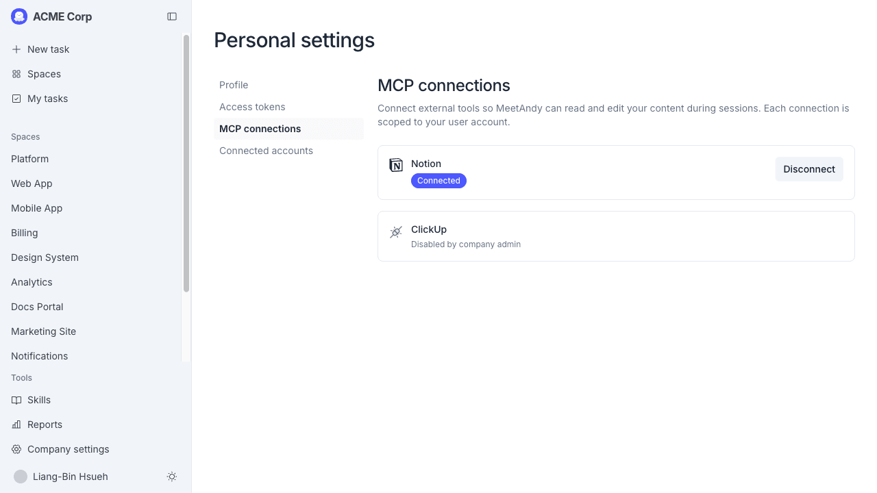 MCP connections page in Settings, with Notion connected