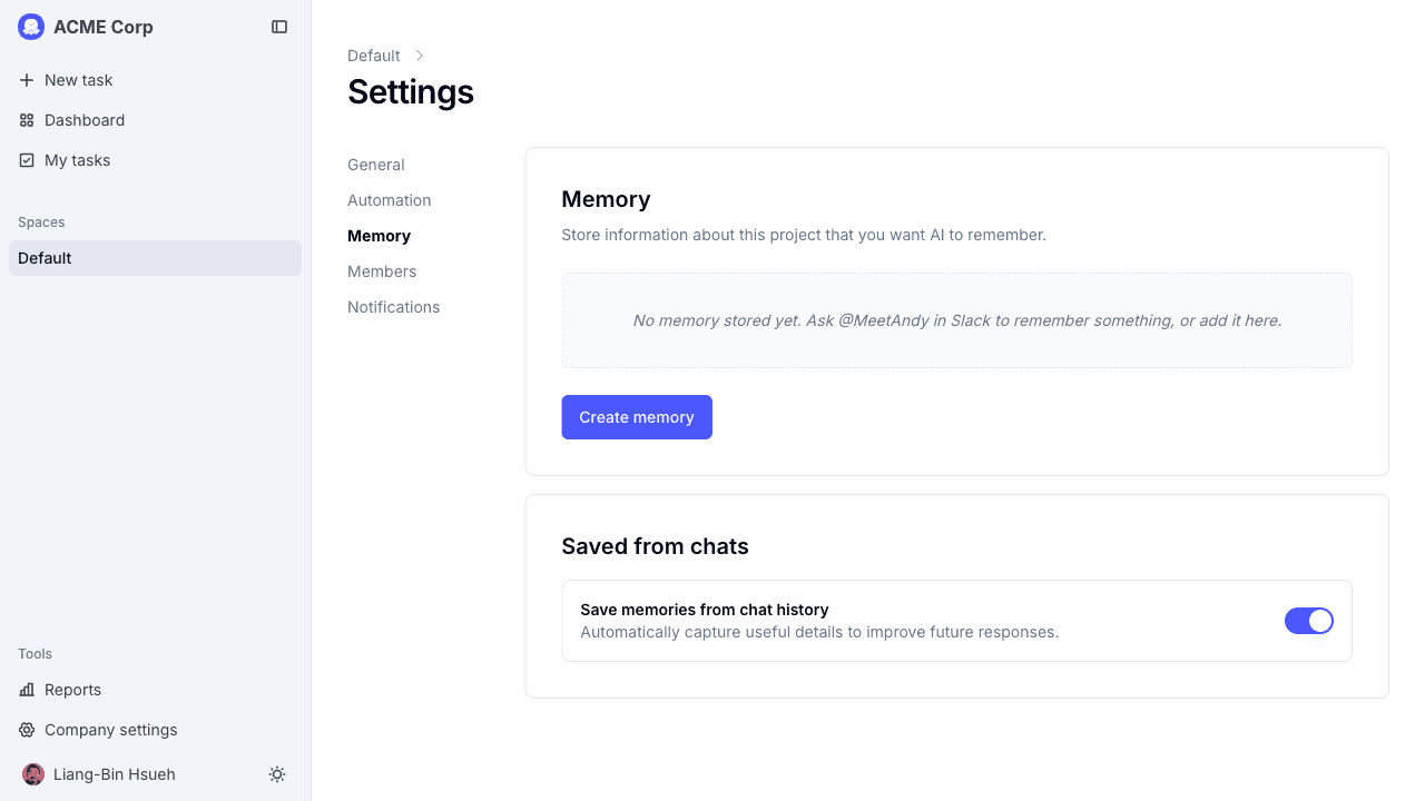 Memory tab in Space settings