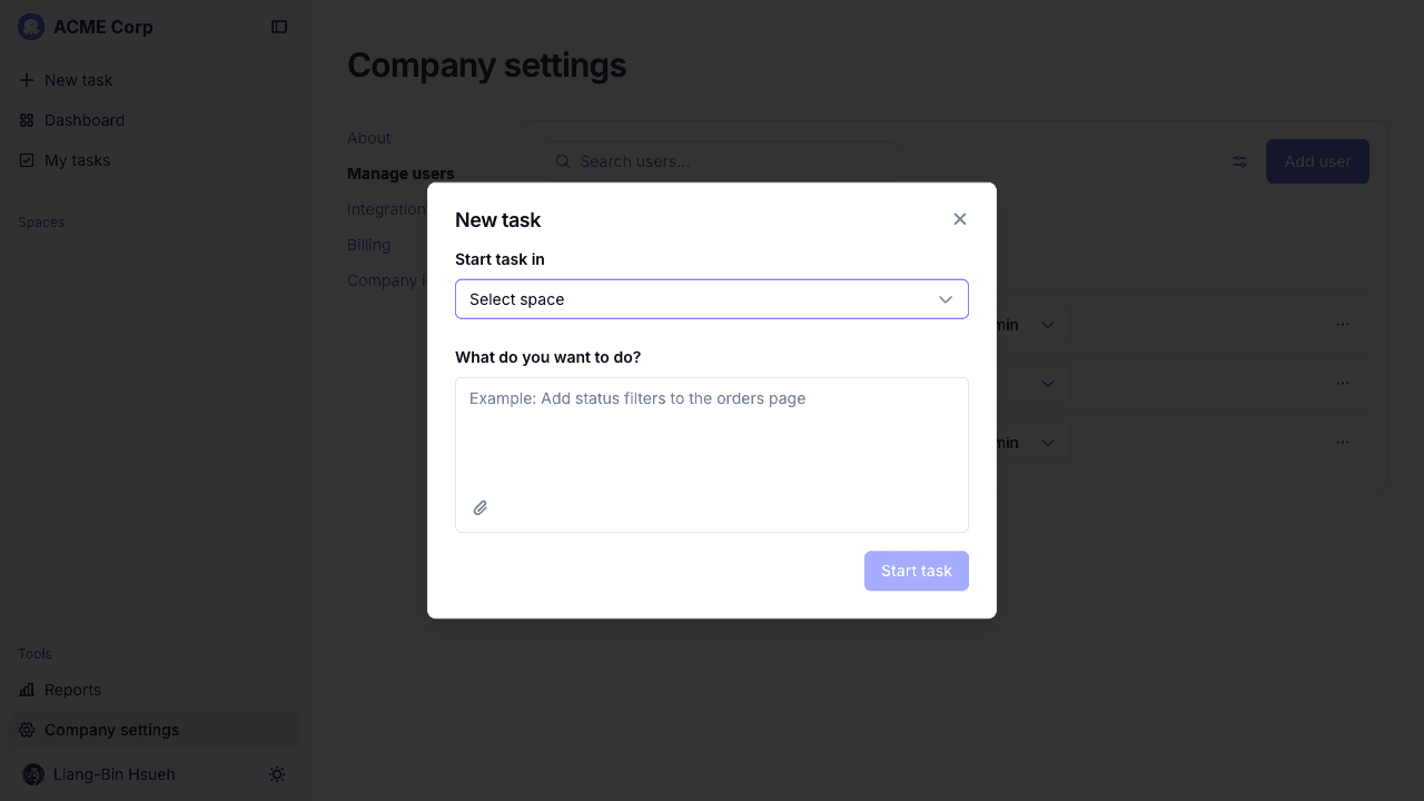 New task dialog