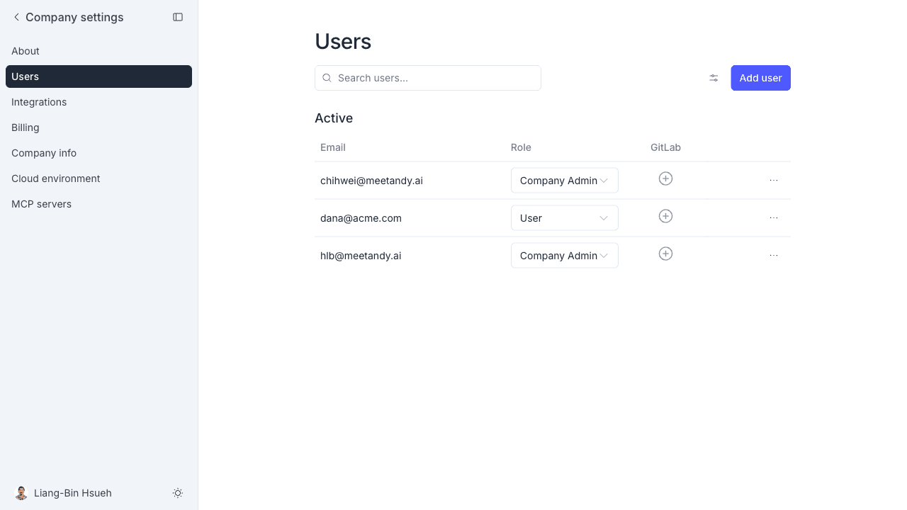 Users settings page listing active members with their role and linked accounts