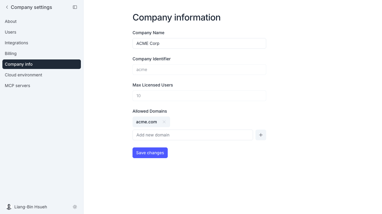 Company info settings page with Company Name, Company Identifier, Max Licensed Users, and Allowed Domains