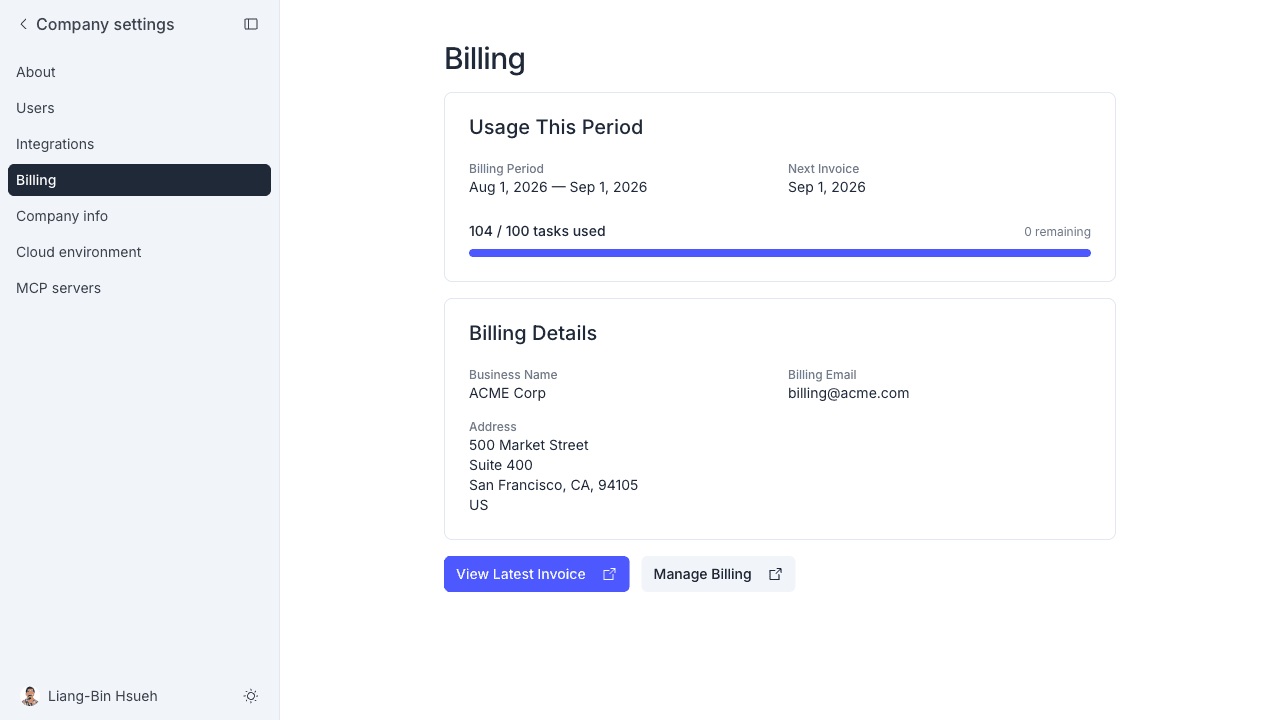 Billing 頁面,顯示本期用量與帳單資料