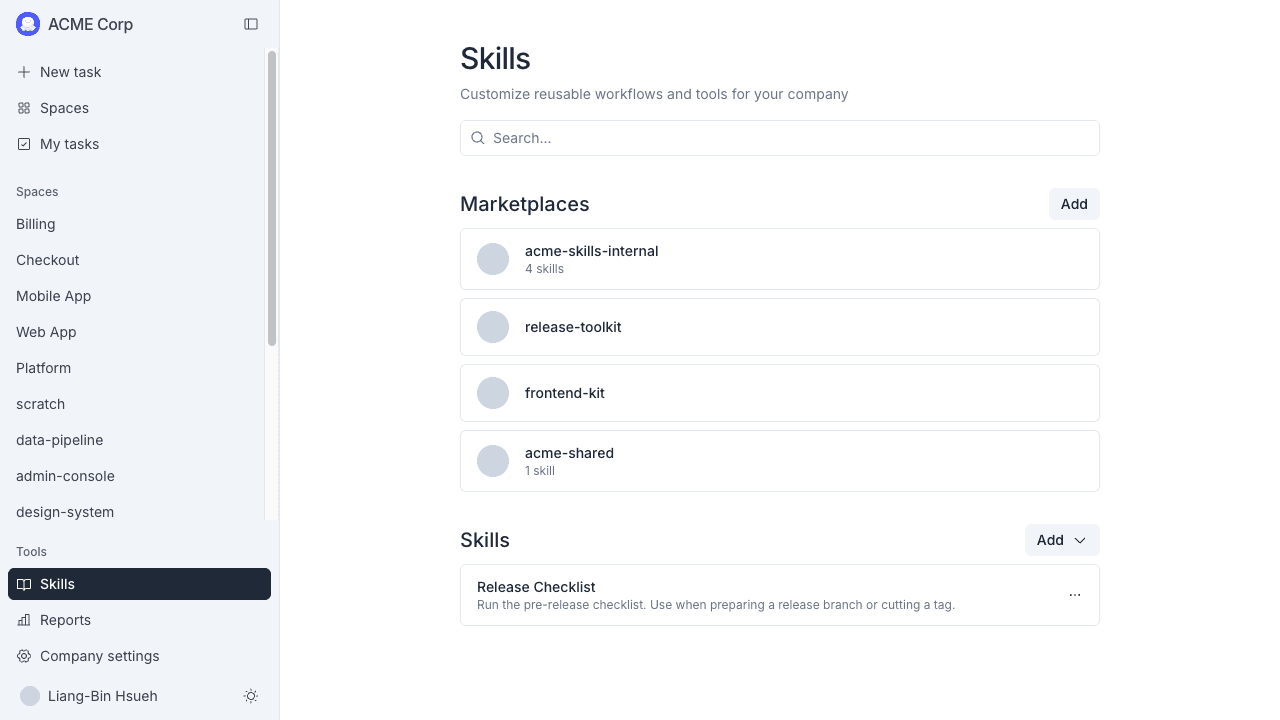 Company Skills page listing marketplaces and custom skills