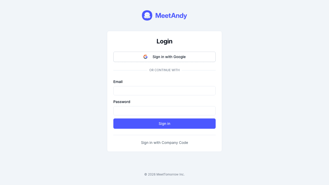hub.meetandy.ai 上的 MeetAndy 登入頁
