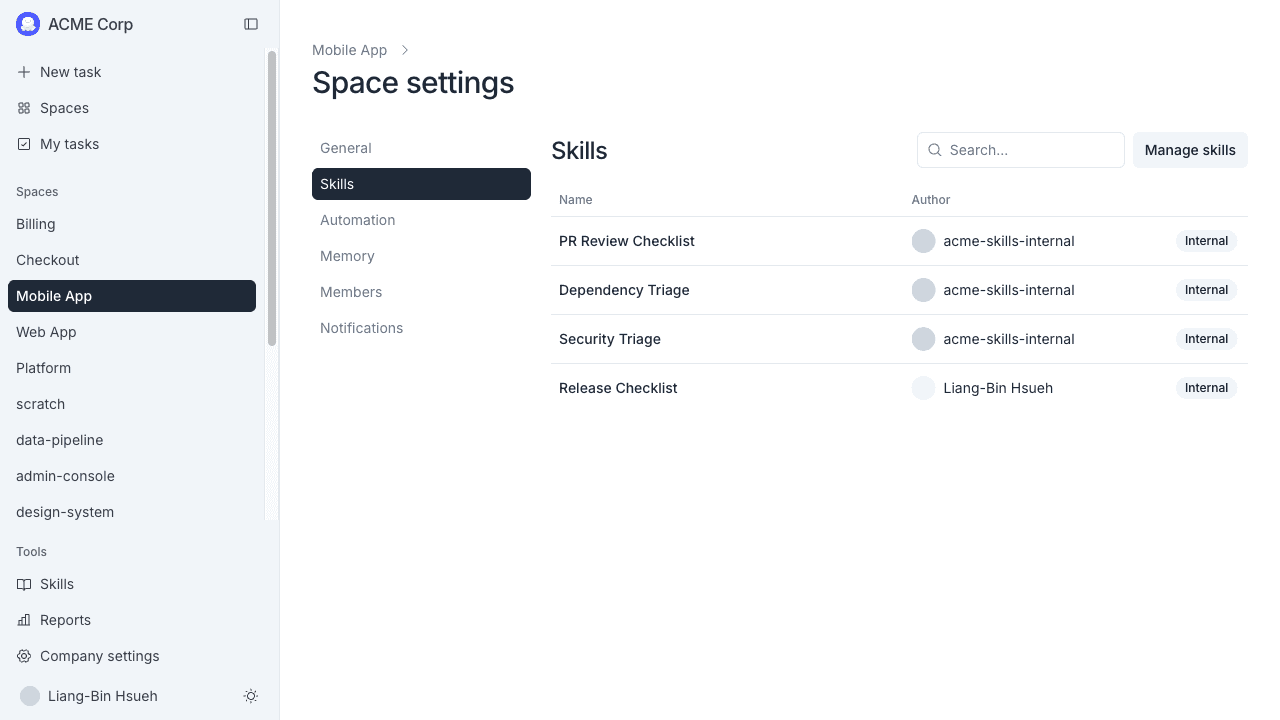 Space settings Skills tab listing four enabled skills