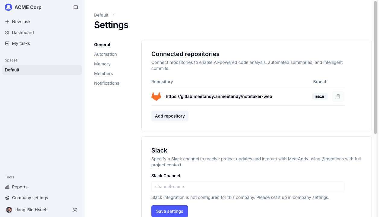 Space settings page