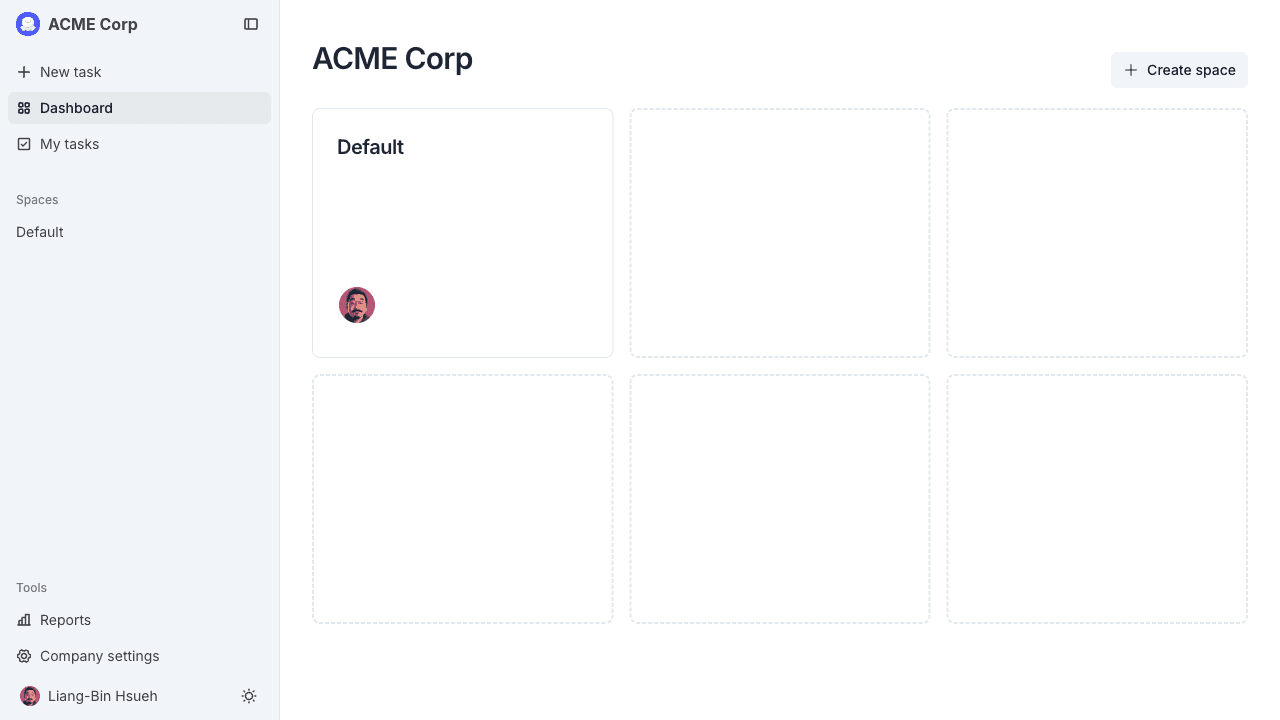 Spaces hub with the Create space button