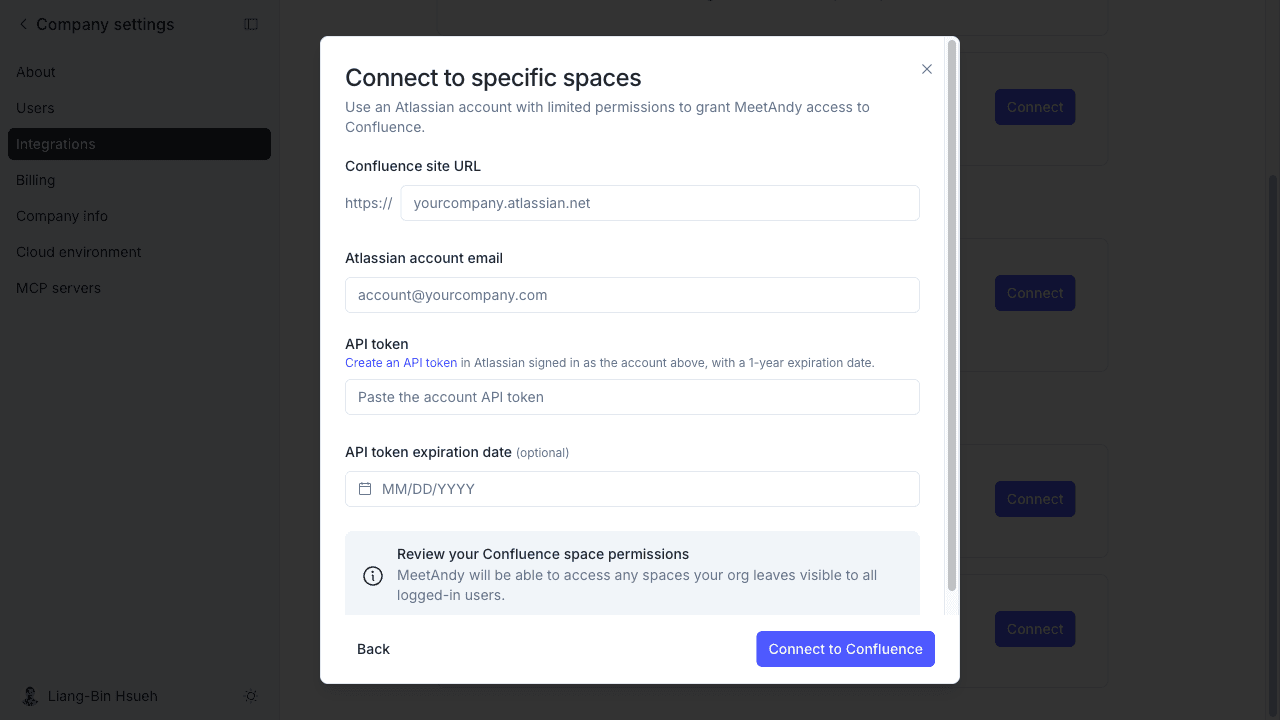 Connect to specific spaces form with site URL, account email, and API token fields