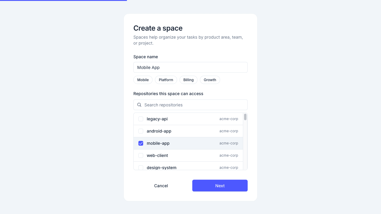 Create a space dialog, step 1 with the Space name and repository list
