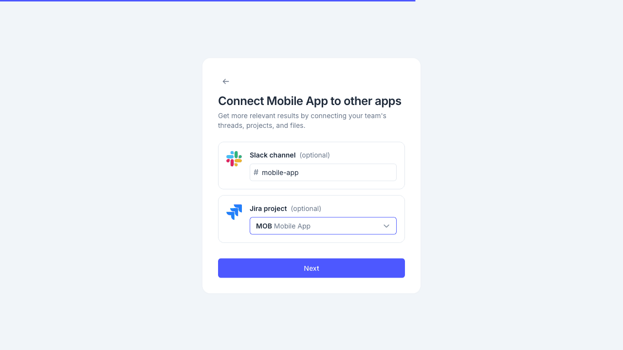 Create a space dialog, step 2 with Slack channel and Jira project fields