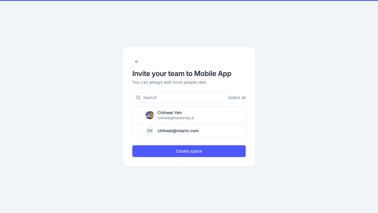 Create a space dialog, step 3 inviting teammates
