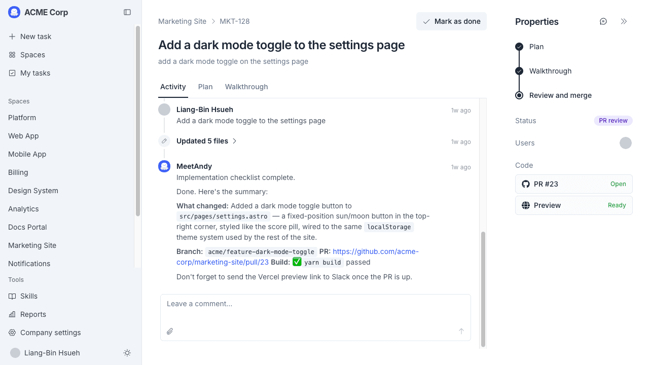 Task details page, Activity tab