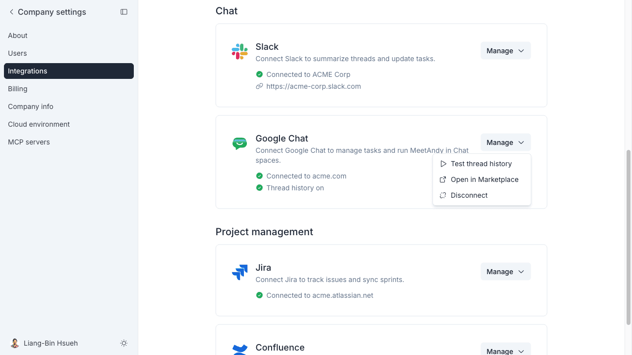 Google Chat integration card showing the connected Workspace and the Manage menu with Test thread history