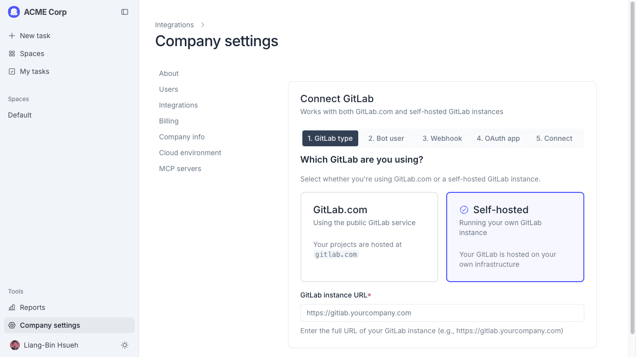Step 1 with Self-Hosted selected and the URL field showing