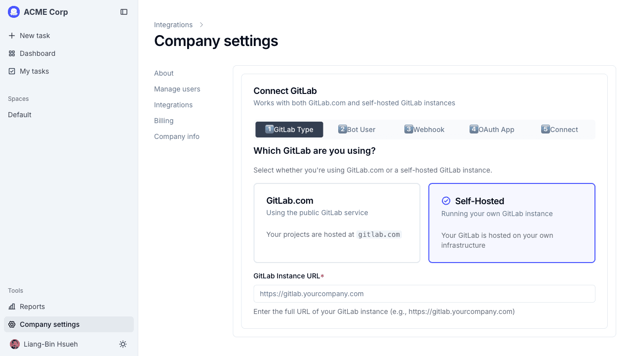 Step 1 with Self-Hosted selected and the URL field showing