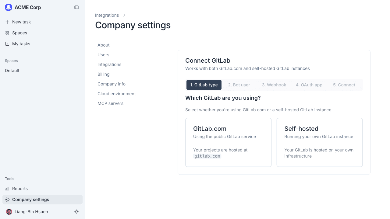 Wizard step 1, choosing the GitLab type