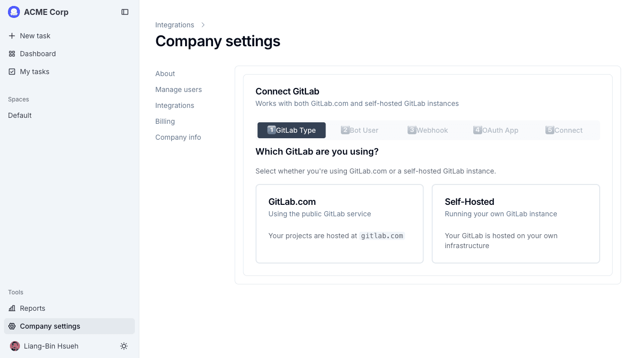 Wizard step 1, choosing the GitLab type