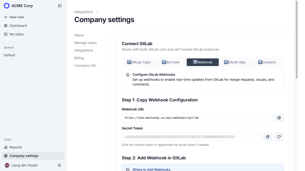 Wizard step 3, showing the webhook URL and secret token